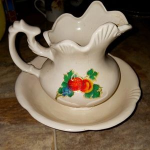 Handmade Water Pitcher and Basin with Peach Decals